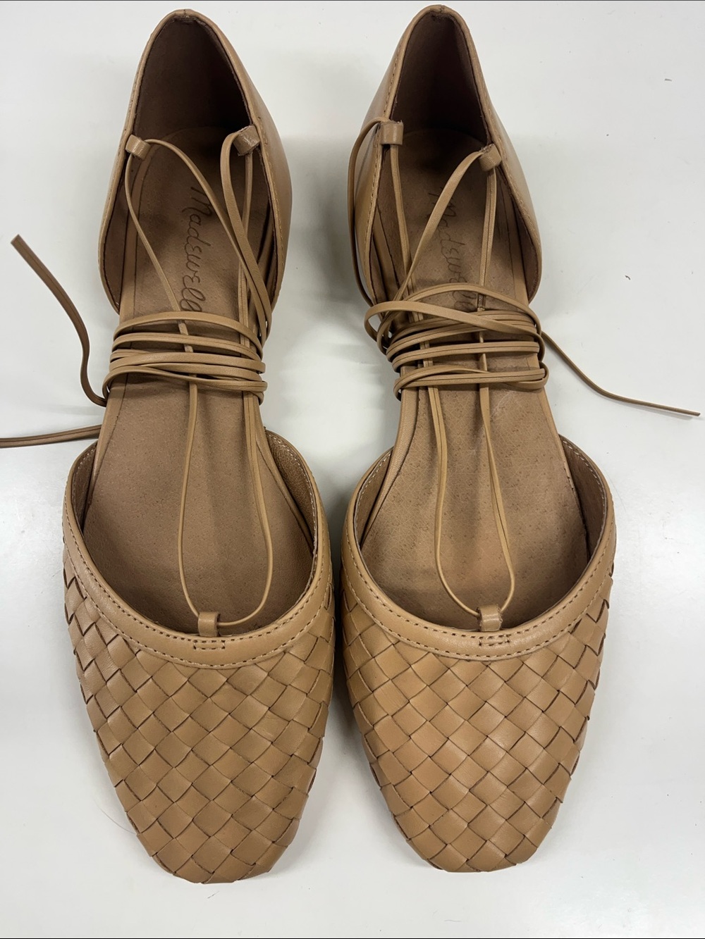 New Madewell The Celina Lace-Up Flat in Woven Leather Tan Size 8 - Picture 3 of 7